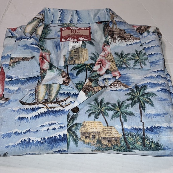 NWT VTG RJC Island Blue Hawaiian Camp Shirt Cotton floral sailboat palm USA 2XL - Picture 1 of 10